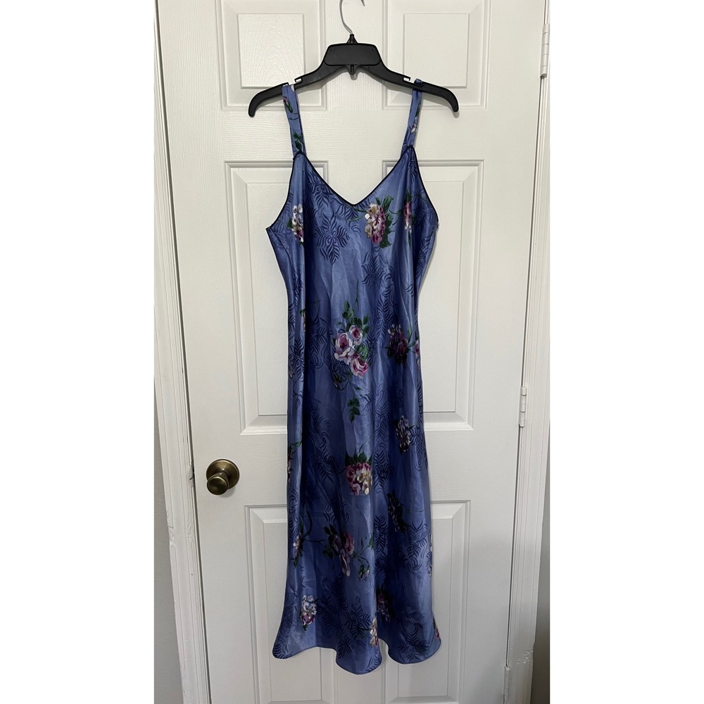 California Dynasty Blue Floral Satin Nightgown V-Neck Sleepwear XL Y2K Lingerie